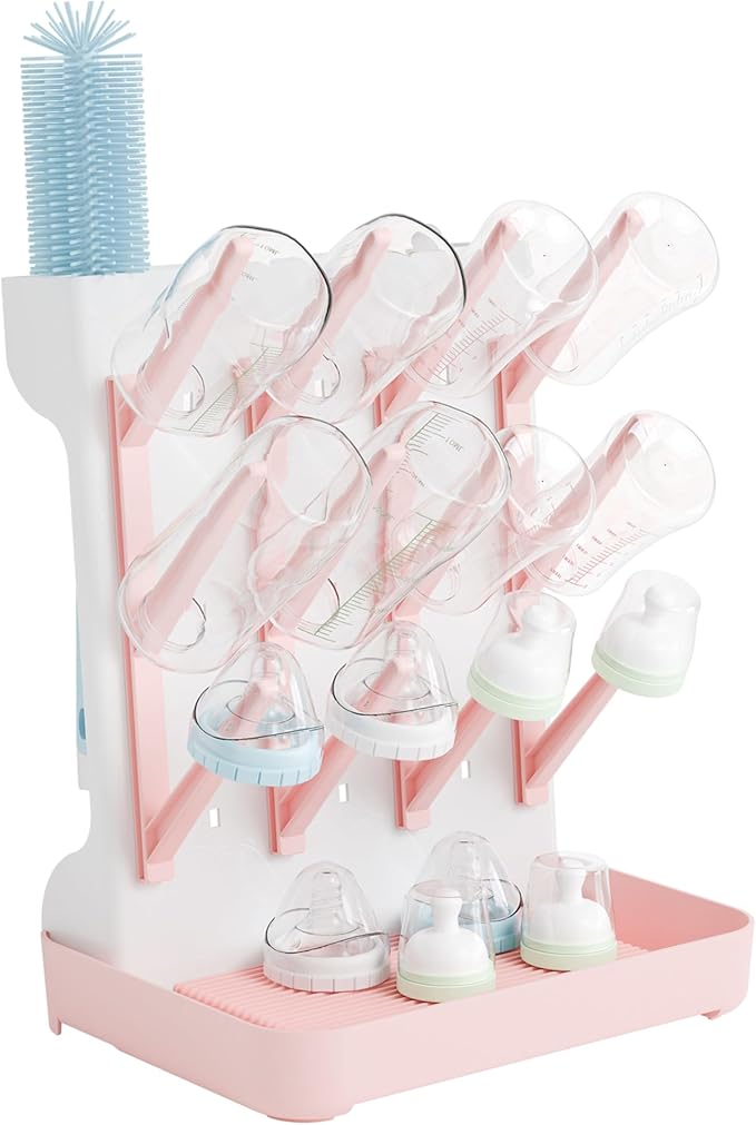 SuoXing Baby Bottle Drying Rack Space Saving,BPA Free Countertop Vertical Bottle Rack Dryer & Holder for Baby,Large Baby Bottle Station Organizer and Stand for Brushes,Pacifiers,Breast Pump,Dish,Pink