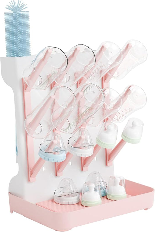 SuoXing Baby Bottle Drying Rack Space Saving,BPA Free Countertop Vertical Bottle Rack Dryer & Holder for Baby,Large Baby Bottle Station Organizer and Stand for Brushes,Pacifiers,Breast Pump,Dish,Pink
