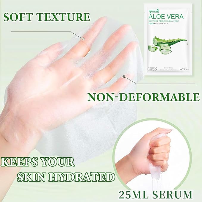 10 Sheets Face Masks Skincare, Aloe Vera Hydrating Face Mask Skincare For Dry, Oily, Sensitive Skin, Aloe Facial Masks Skin Care Sheet For Moisturizing, Soothing