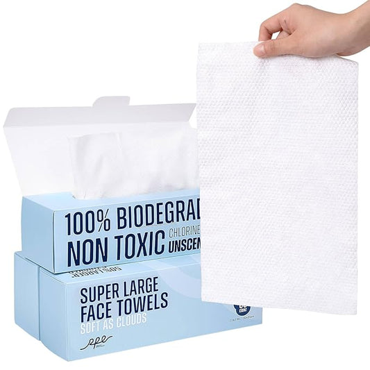 Clean XL Disposable Face Towels 11.8"×7.8", 100% Biobased Biodegradable Viscose, Ultra Soft & Hygienic Facial Towelettes for Makeup Removal and Skincare, Safe for All Skin Types, 180 Count, 3 Packs