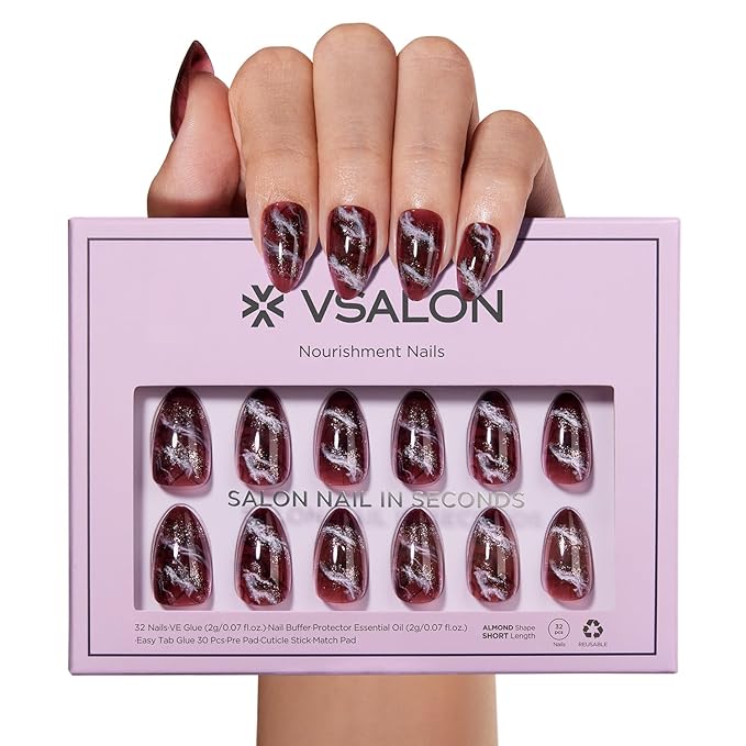 VSALON Press on Nails Short Almond - Brown Marble Glitter Glue On Nails Kit for Women, Reusable Opaque Salon Quality Winter Fake Nails - 32 PCS Stick on Nails in 16 Sizes with Glue & Cuticle Oil