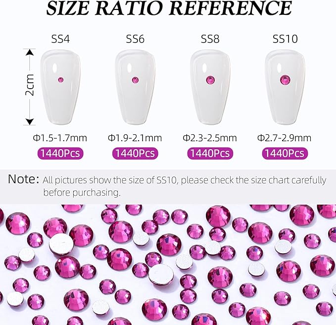 Meibite Fuchsia Flatback Rhinestones, Glass Rhinestones for Nail Art and Craft, Glue Fix, Loose Crystal Gemstones(Fuchsia, SS6, 1440pcs, 1.9-2.0mm)