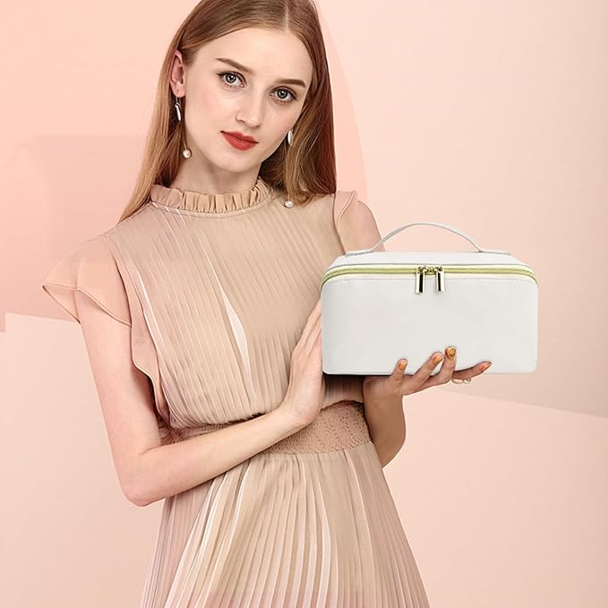 for Valentines Day Gifts, Makeup Bag for Women, PU Leather Travel Toiletry Bags, Initial Make Up Cosmetic Pouch for Teen Girls, Wide Open Portable Skincare Bag, Personalized Birthday Gifts, White
