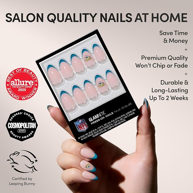 Glamnetic x Fanatics Press On Nails - Jacksonville Jaguars | Short Almond Fake Nails, NFL Jaguars Blue French Tips, Football Nails, Salon-Quality | 15 Sizes - 30 Nail Kit with Glue
