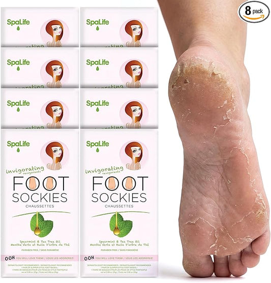 SpaLife Moisturizing Foot Sockies | Foot Mask for Dry Cracked Feet Intensive Repair Treatment | Tea Tree Oil Softening Booties | Callus Remover Alternative | Self Care Gifts for Women | 8 Pack