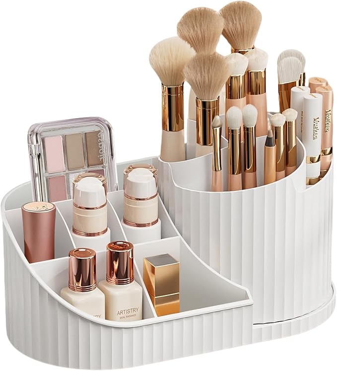 SOVGIZF Makeup Organizer for Vanity, Rotating Cosmetic Storage Organizer with Brush Holder, Skincare Display Case, small Countertop Makeup Holder for Bathroom or Dresser,White