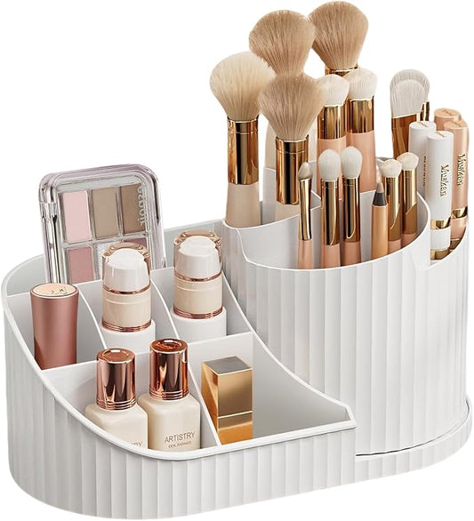 SOVGIZF Makeup Organizer for Vanity, Rotating Cosmetic Storage Organizer with Brush Holder, Skincare Display Case, small Countertop Makeup Holder for Bathroom or Dresser,White