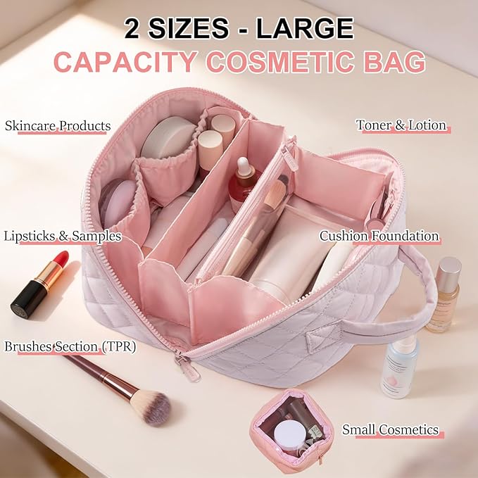 Travel Makeup Bag for Women - Puffy Padded Make Up Bags, Lay-Flat Water-Resistant Cosmetic Case, Large Capacity Cosmetic Bag for Travel Storage of Toiletries and Makeup Brushes (Pink)