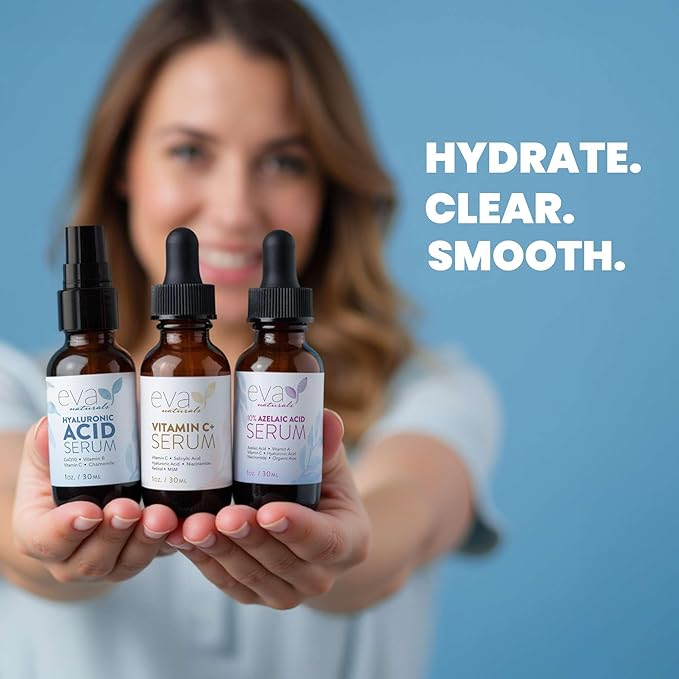 Eva Naturals Face Serum Set - Vitamin C, Azelaic Acid & Hyaluronic Acid Serum | Dark Spots, Calming, Uneven Skin Tone, Wrinkles, Fine Lines | Brightening, Anti Aging, Hydrating Facial Skincare 3x1 oz