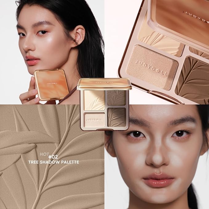 JUDYDOLL Highlight & Contour Palette, All-in-One Matte Highlighter Contour Compact, stocking stuffers, Blendable Face Makeup for Beginners, for Warm Skin Tone (New Version 02 Tree Shadow Palette)