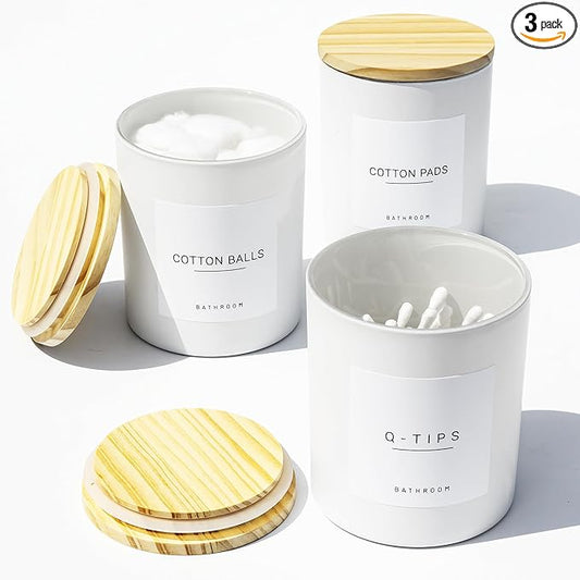 Ezebesta 3PCS Farmhouse 13.53oz White Bathroom Canisters with 12 Labels & Wooden Lid Thick Glass Jar Set Qtip Holder for Cotton Ball & Pads Storage Organization Minimalist Decor