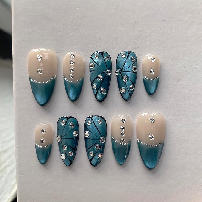 MAGLFELL Women Press On Nails - Medium Almond False Nails 10Pcs Luxury Handmade 3D Painting Art ABS Acrylic Artificial Fingernails (Size M)