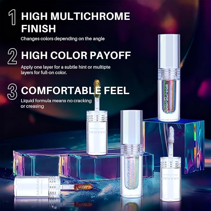 CHARMACY Multichrome Glitter Liquid Eyeshadow, Chameleon Shifting Color, Holographic Metallic Eyeshadow, Long-Lasting Wear, Vegan Eye Topper for Party, Daily Makeup #08
