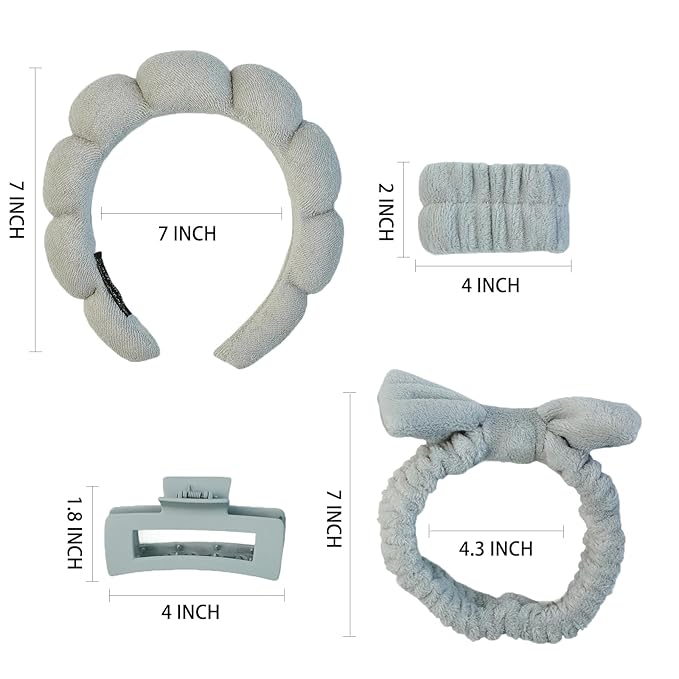 Yaqulen 7 Pcs Spa Set, Facial Headband and Wristband Set, Skincare Accessories, College Style Girl Idea Gifts, Hair Accessories for Women and Girls（Grey）