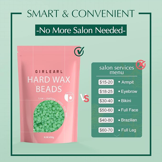 GIRLEARLE Wax Beads (1lb) for Hair Removal - Aloe Vera Formula, Perfect for Sensitive Skin, Eyebrow, Brazilian Bikini, Legs, Facial and Full Body Waxing at Home