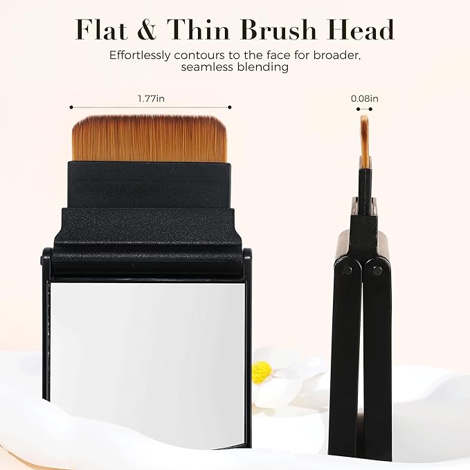 ENERGY Kabuki Brush Flat 2PCS Portable Folding Case with Mirror – Travel Makeup Brush for Foundation, Powder & Contour, Compact Mini Cosmetic Tool with Magnetic Closure Vegan for Purse or Travel Bag