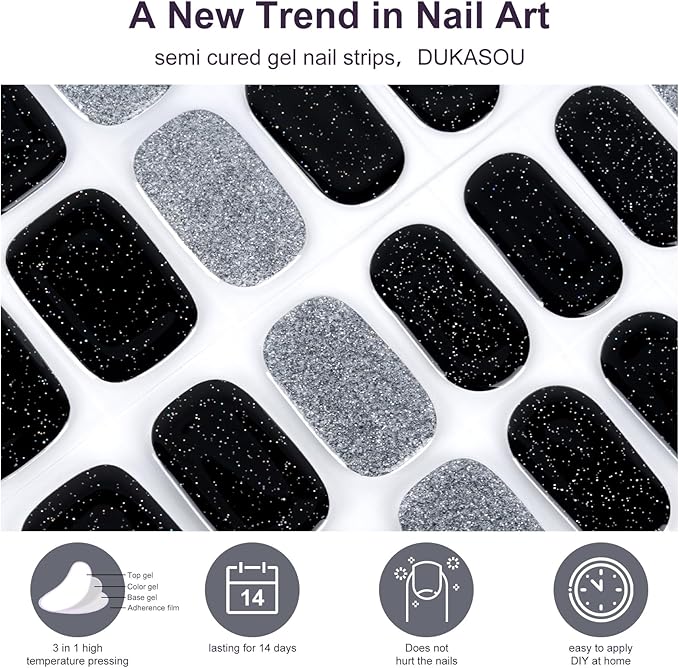 DUKASOU Semi Cured Gel Nail Strips, 56Pcs Nail Art Stickers/Wraps, Long Lasting UV Nail Polish Strips for Adults(Black Silver+White French Tip)