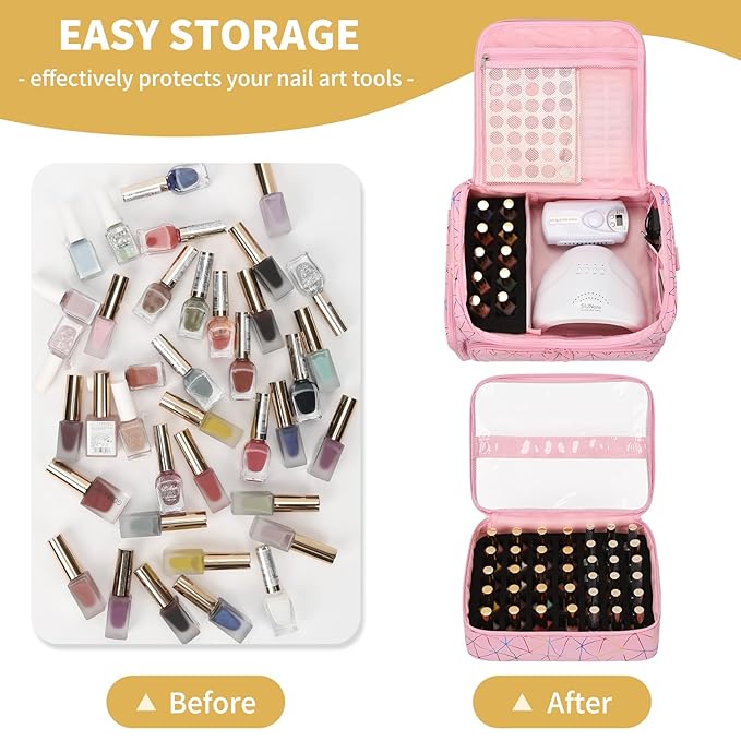 CUBETASTIC Extra Large Nail Polish Organizer Case Holds 86 to 100+ Bottles Nail Polish & Nail Lamp, Nail Supplies Storage Carrying Bag with 2 Removable Pouches (Triangle Pink, 86 Slots)