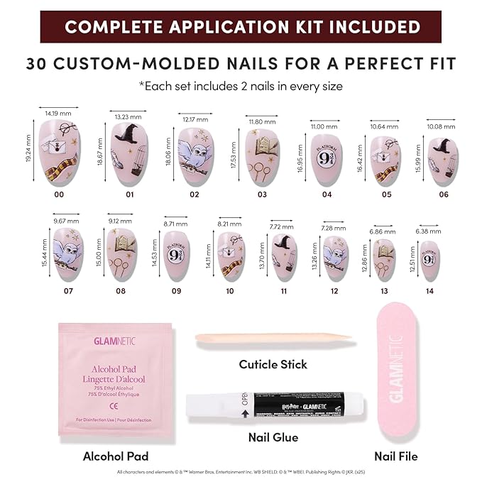 Harry Potter™ x Glamnetic Press On Nails - Hogwarts™ | Semi-Transparent Multi Graphic Short Oval Nails in a Glossy Finish | 15 Sizes - 30 Nail Kit with Glue