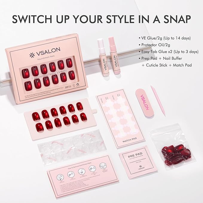 VSALON Press on Nails Short Square - Burgundy Red Cat Eye Glitter Fake Nails, Reusable Opaque Gel Magnetic Effect Fake Nails with Glue & Cuticle Oil - 32 PCS in 16 Sizes Valentines Gifts for Women