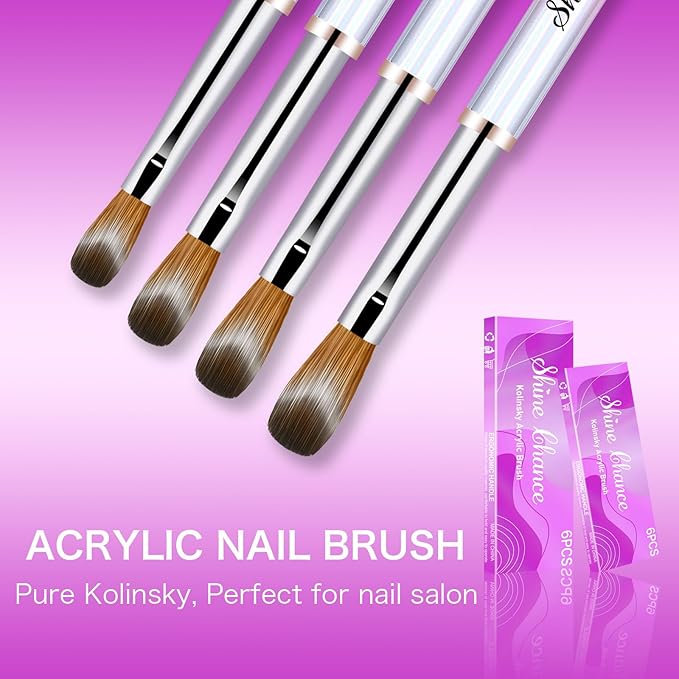 Shine Chance 4Pcs Acrylic Nail Brushes Set, Kolinsky Nail Art Brush, Art Design & Polish Mistake Cleaning Manicure Tools for Women Acrylic Application (Size 6 8 12 14)