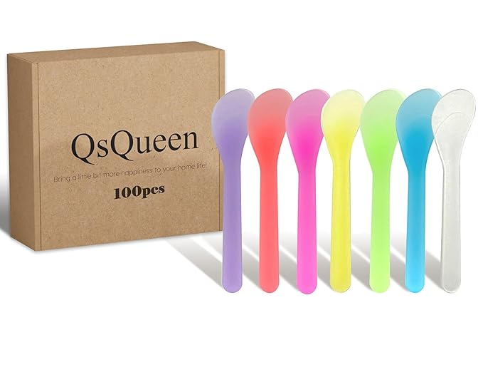 QsQueen 100 PCS Cosmetic Spatulas, 7 Colors – Reusable Hygienic Makeup Scoop for Face Masks, Creams & Skincare, Flexible PP Tool for Mixing, Sampling, DIY, Salon & Travel 4.88'' x 1.06"