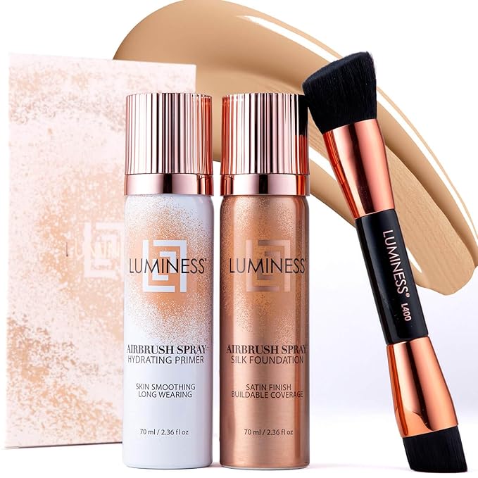 LUMINESS Complete Makeup Kit - Includes Face Palette, Airbrush Foundation, Primer and Brush - Silky, Long-Wearing, Easy to Blend, Perfect Makeup for Older Women, 4-PC Make Up Set (03 - Light Medium)