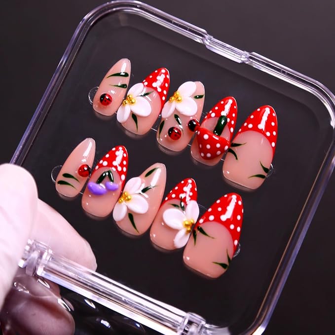 MAGLFELL Spring Press on Nails Handmade Medium Length Almond Fake Nails, 3D French Salon Painting Design False Nails, 10 Pcs Reusable ABS Material Nail Tip Artificial Nails for Women (Size S)