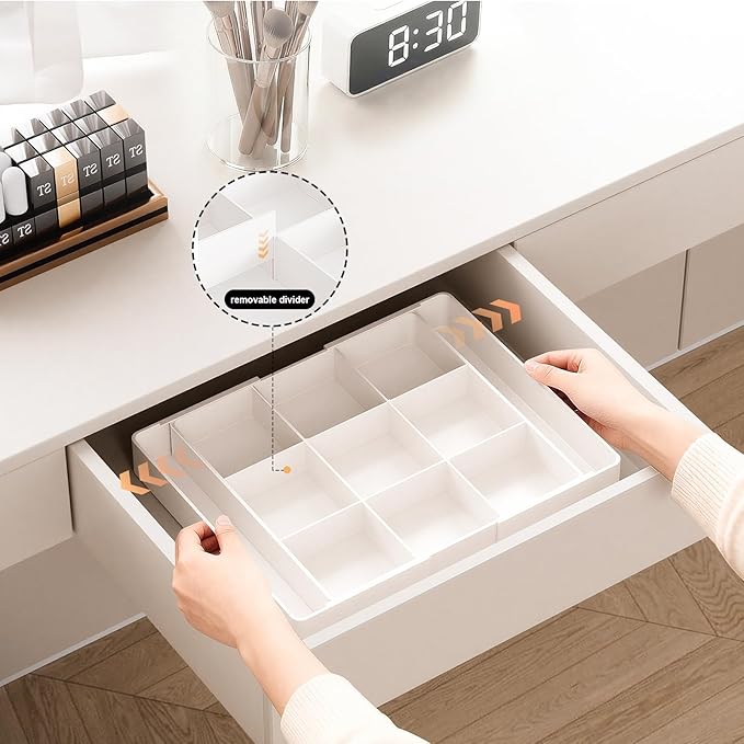 Expandable Desk Drawer Organizer, Acrylic Drawer Organizer Trays with 11 Adjustable Compartments 6 Removable Dividers Desk Accessories for Makeup Utensil Junk Office Kitchen Bathroom ( White, 2Pcs )