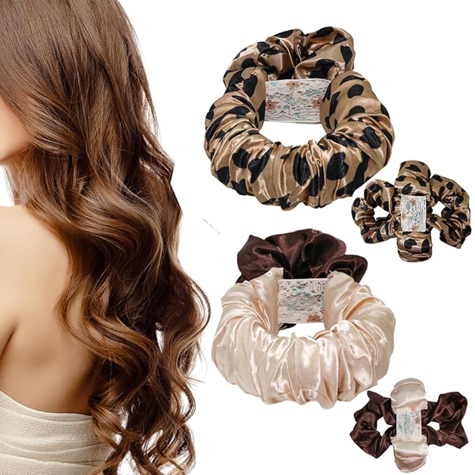 2Pack Heatless Hair Curler Overnight to Sleep In,Heatless Curling Scrunchie for Women Soft Silk Lazy Rollers Headband for Long Hair Overnight. (Brown+Brown Leopard)
