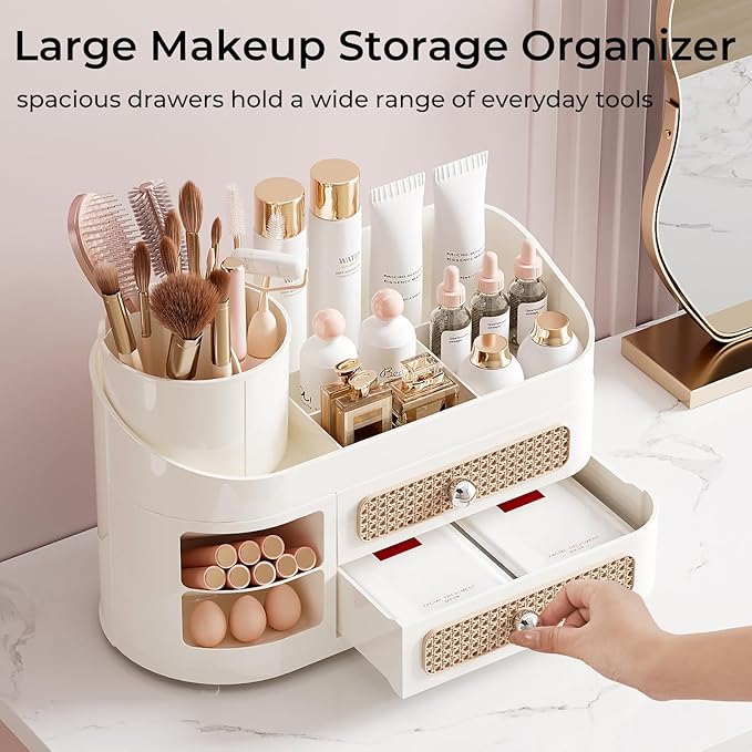 UFORU Makeup Organizer with Rotating Brush Holder, Bathroom Countertop Organizer with 2 Drawers, Easy to Store Hair Brush, Lipsticks, Perfumes, Skincare, Beige