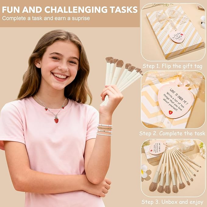 Christmas Gifts for Tween & Teen Girls, 11PCS Birthday Gifts Basket Teen Girls Trendy Stuff with Empowering Tasks Make up Brushes & Bag, Beauty Advent Calendar Wrapped Gifts Box