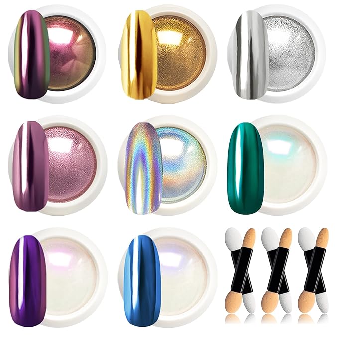 Beetles Chrome Nail Powder 8 Colors Mirror Effect Gold Silver Holographic Aurora Iridescent Pearl Manicure Nail Art Decoration Glitter Cromer Nail Powder for Nails 1g/Jar Gift for Women