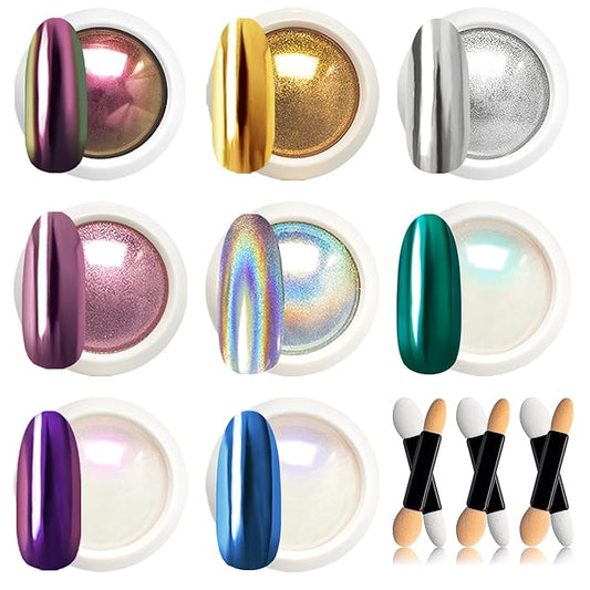 Beetles Chrome Nail Powder 8 Colors Mirror Effect Gold Silver Holographic Aurora Iridescent Pearl Manicure Nail Art Decoration Glitter Cromer Nail Powder for Nails 1g/Jar Gift for Women