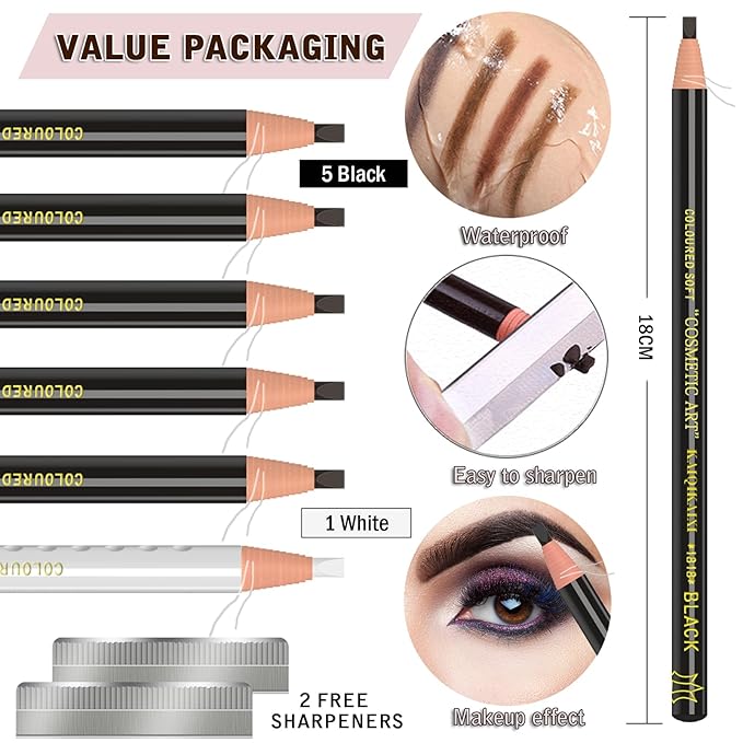 KAIQIKAIXI 6Pcs Black Waterproof Eyebrow Pencils Makeup Set For Marking, Filling And Outlining, Tattoo Makeup And Microblading Supplies Kit-Hard Refills Are Easy To Color (Black)