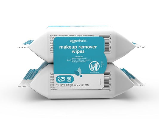 Amazon Basics Makeup Remover Wipes, Gentle Cleansing, Dermatologist Tested, Hydrating, Plant Based, Alcohol-Free, Removes Waterproof Mascara, 25 Count Per Pack, Pack of 2