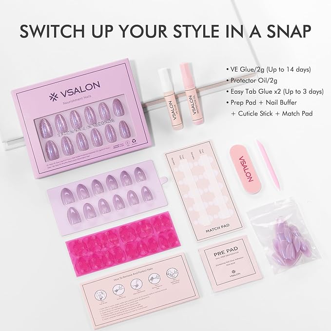 VSALON Press on Nails Short Almond - Purple Cat Eye Glitter Nails Kit for Women, Lilac Valentines Opaque Gel Fake Nails with Glue & Cuticle Oil - 32 PCS Stick On Nails in 16 Sizes (Iris)