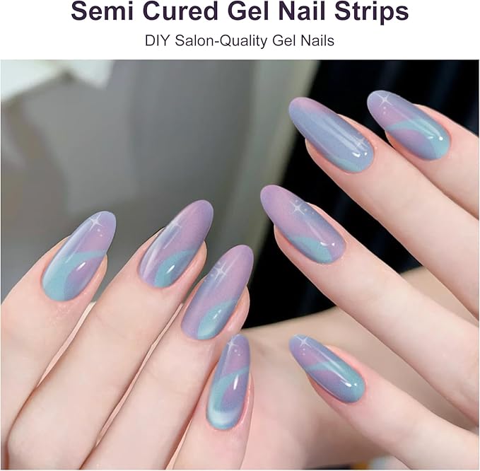 DUKASOU Semi Cured Gel Nail Strips, 56Pcs Nail Art Stickers/Wraps, Long Lasting UV Nail Polish Strips for Adults(Colorful+Purple Aurora)
