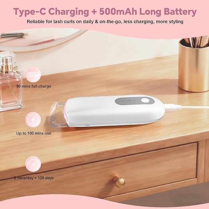Transparent Heated Eyelash Curler, Electric Eye Lash Curler 10S Fast Heat 24Hrs Long Lasting, Portable Travel Natural C Curl Lashes Type-C Rechargeable Eyelash Curlers (White)
