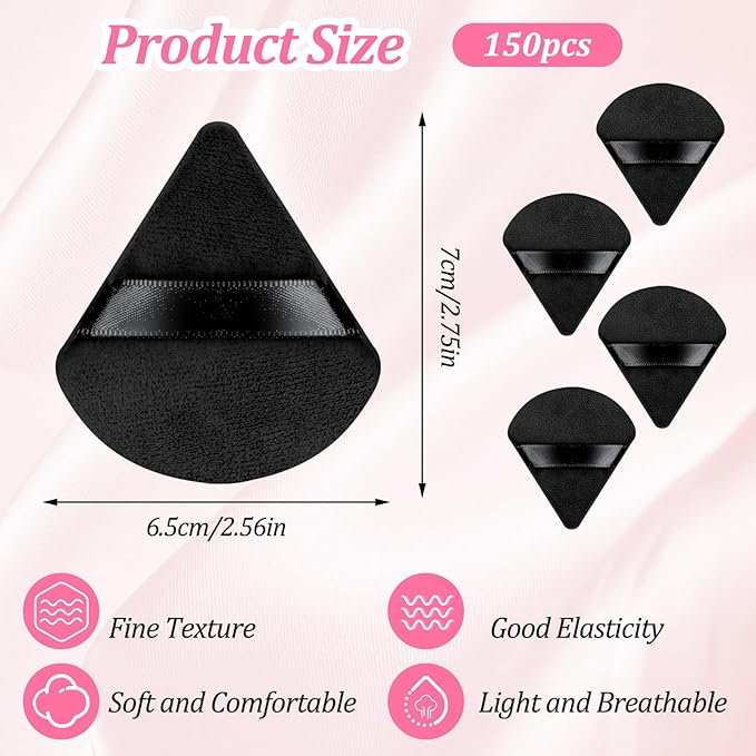 Molain 150 Pcs Triangle Powder Puffs, Soft Makeup Puffs Wet & Dry Use Cosmetic Sponge Applicators for Loose Powder Foundation Face Body(Black)