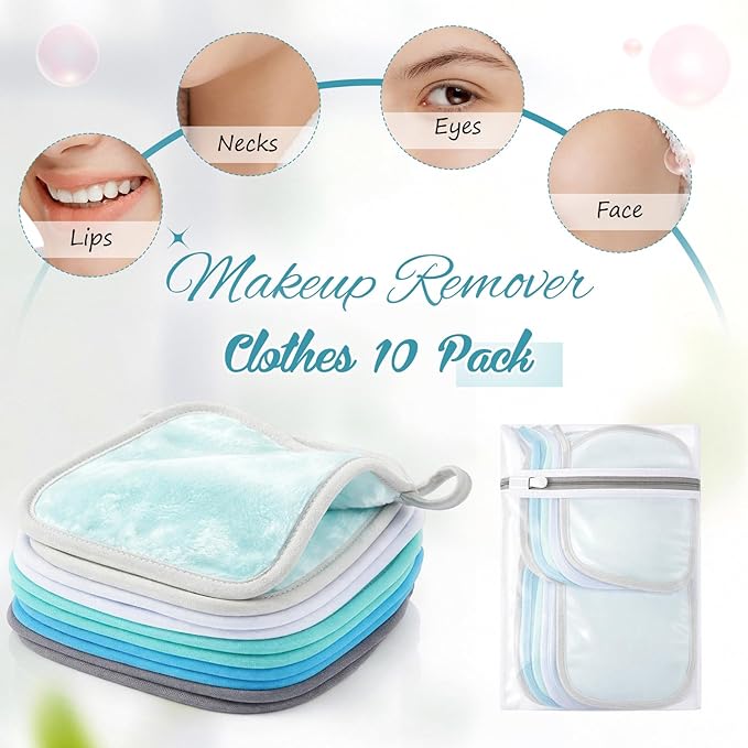 VitalCozy 10 Pack Makeup Remover Cloths, Makeup Remover Towels Reusable Face Cloth Eraser for Washing Face Microfiber Washcloth for Women Cleansing Just Water with Mesh Bag(Blue Colors)