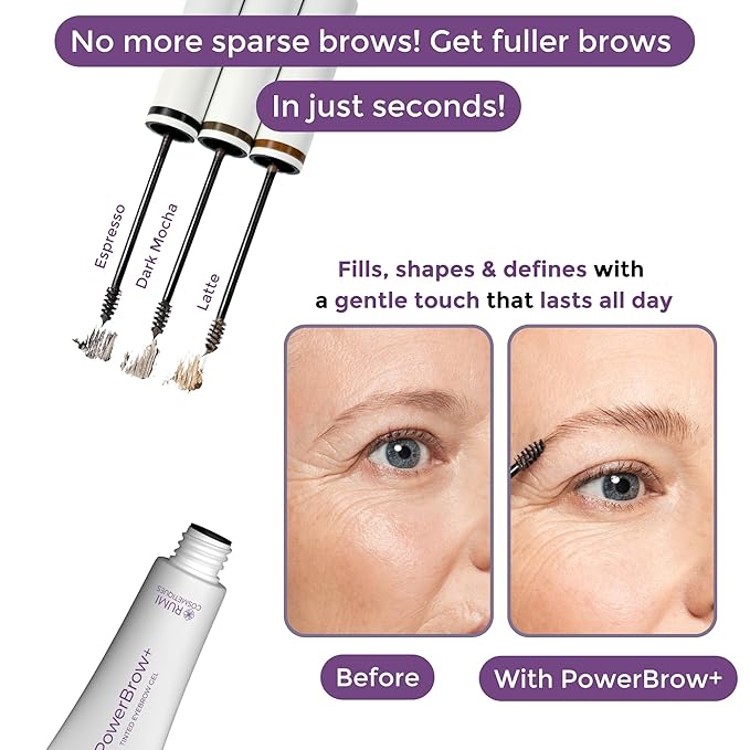 Rumi Cosmetiques PowerBrow+ Tinted Eyebrow Gel For Mature Women - Defines, Fills, Thickens Brows - 2-in-1 Formula - Natural Color, Quick Fixing, Long-Lasting - Hypoallergenic - Dark Brown (Espresso)