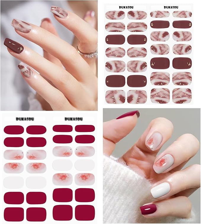 DUKASOU Semi Cured Gel Nail Strips, 56Pcs Fall Gel Nail Stickers/Wraps, Long Lasting UV Nail Polish Strips for Adults（Red+Wine Red）