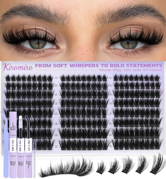 Kiromiro Lash Clusters Kit Cluster Eyelash Extensions 12-20mm Volume Individual Lash Clusters with Spikes 216pcs DIY Lash Extensions Kit Fluffy Manga Cluster Lashes Kit