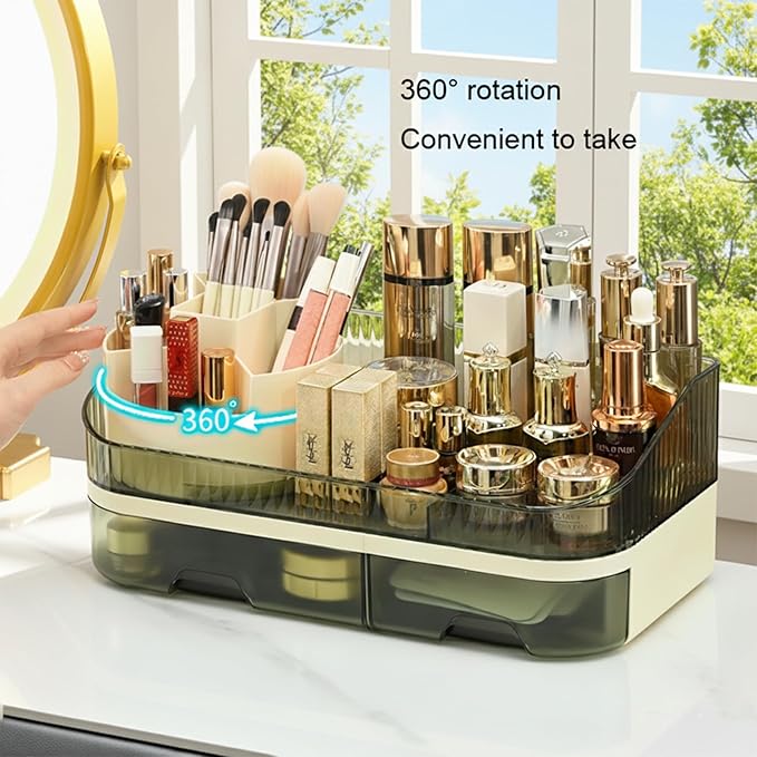 Extra Large Capacity Makeup Organizer with Brush Holder - Plastic Vanity Countertop Storage for Full Skincare & Cosmetic Collection