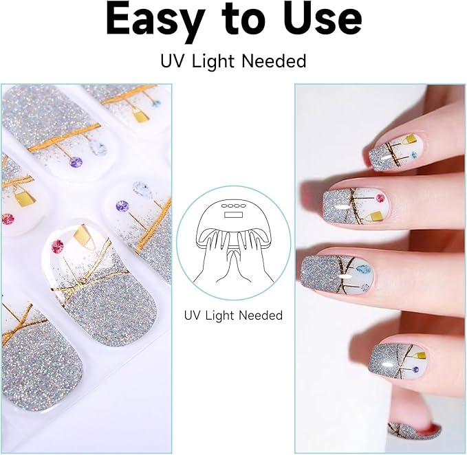 DUKASOU Semi Cured Gel Nail Strips, 56Pcs Nail Art Stickers/Wraps, Long Lasting UV Nail Polish Strips for Adults(Silver Rhinestones+French Tip Glitter)
