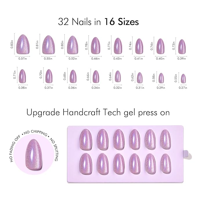 VSALON Press on Nails Short Almond - Purple Cat Eye Glitter Nails Kit for Women, Lilac Valentines Opaque Gel Fake Nails with Glue & Cuticle Oil - 32 PCS Stick On Nails in 16 Sizes (Iris)