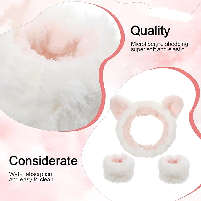 XLIUAX Headbands for Women, Elastic Spa Headband with 2pcs Wristband Set, Cute Plush Cat Ears Puffy Head Band Makeup Hair Band for Washing Face Skincare Yoga Facial Mask(White)