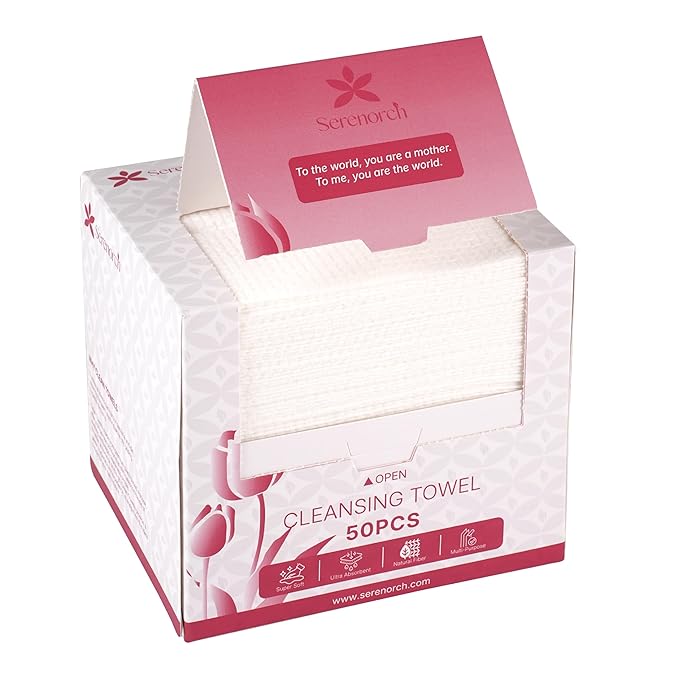 Serenorch Disposable Face Towels, Mother's Day Gifts 10" x 12", Gifts for Mom from Daughter Son, Ultra Thick Face Towelettes for Sensitive Skin, Extra Soft Makeup Remover Dry Wipes, 50 Count
