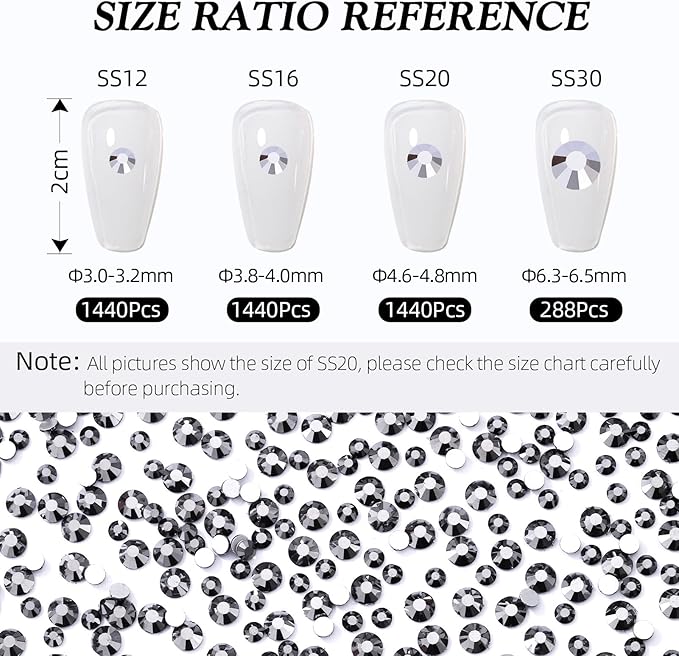 Meibite Black Hematite Flatback Rhinestones, Glass Rhinestones for Nail Art and Craft, Glue Fix, Loose Crystal Gemstones(Black Hematite, SS30, 288pcs, 6.4-6.6mm)